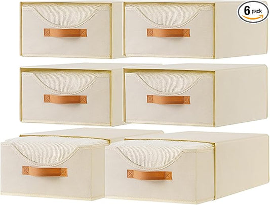 6 Pcs Closet Drawers and Large Size Clothes Storage Bins Push-Out Storage Stackable Shelf Drawers with See-Through Window Closet Organizers for Bedroom, Living Room, Under Bed, Beige-NeatNest