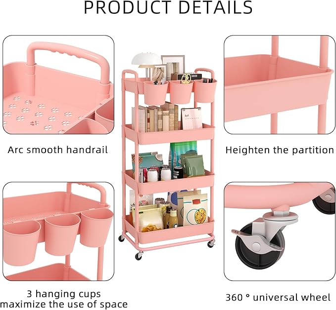 JIUYOTREE 4-Tier Plastic Rolling Storage Cart Utility Cart with Extra Hanging Cups Handles Lockable Wheels for Living Room Bathroom Kitchen Office Pink-NeatNest
