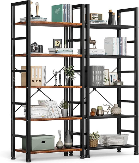 DUMOS 5-Tier Book Shelf Tall Modern Bookcase Set of 2 for Books, CDs, Movies, Storage and Organization Bookshelf Industrial Home Decor for Bedroom Office Kitchen Living Room, Black & Brown