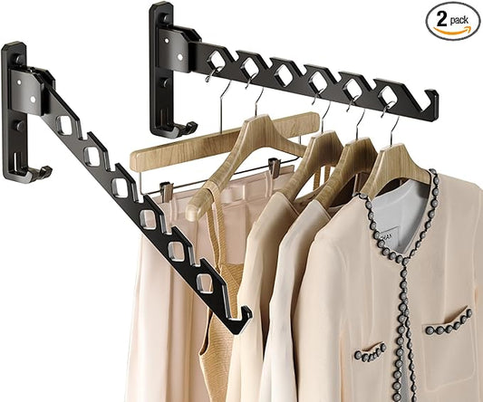 Dr.DJ Wall Mount Coat Hanger Holder Black Clothes Drying Organizer Rack Garment Hooks Aluminium Retractable Folding Indoor Wall Mounted Hanger Space Saver for Laundry Room Bedroom Black 2Pack-NeatNest