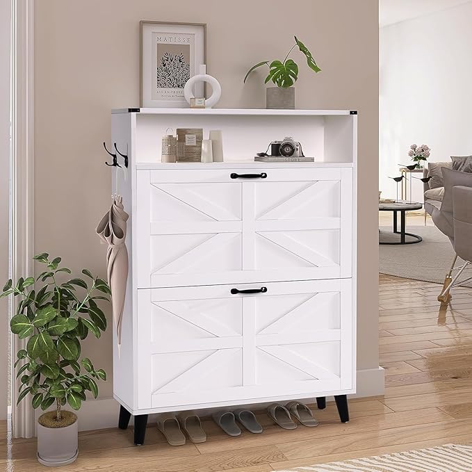 Shoe Storage Cabinet for Entryway - Narrow Shoe Rack Cabinet with 2 Flip Drawers, Shoe Organizer with Adjustable Shelves Free Standing Slim Hidden Shoe Cabinet with Hooks for Hallway Foyer Garage-NeatNest