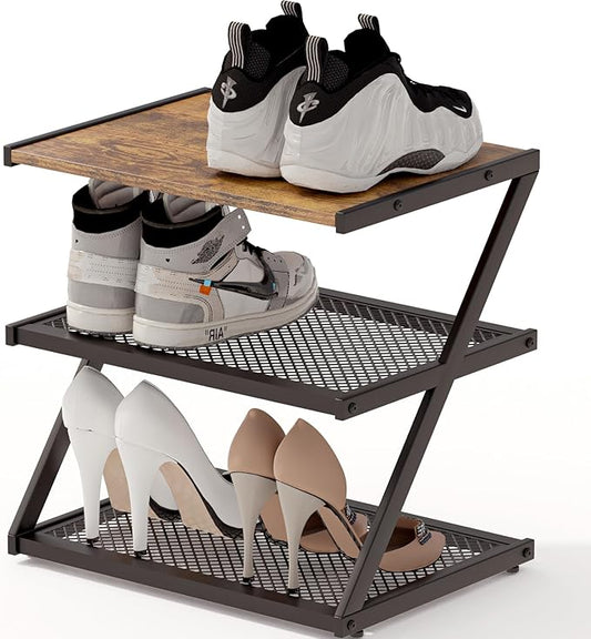 Shoe Rack, Z-Frame Wooden Shoe Shelf with Heavy-Duty Metal Mesh Shelves for Hallway, Living Room, Closet, and Bedroom Organization - Organize Your Shoes in Style (16.54" x 10.24" x 16.14")-NeatNest