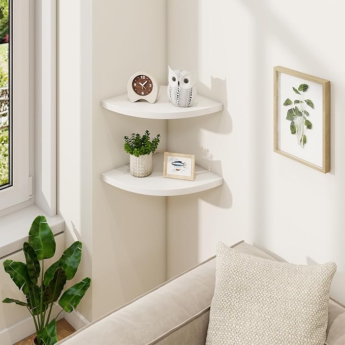 Fun Memories Corner Shelf Wall Mount Set of 2 - Solid Oak Wood Floating Corner Shelf with Cable Hole, 10in Rustic Design for Bedroom, Living Room, Kitchen (White)-NeatNest