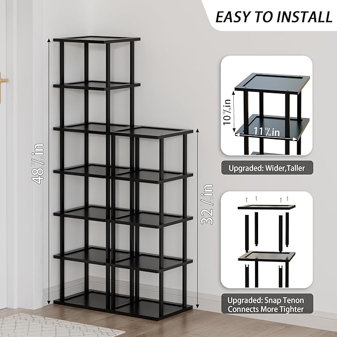 Vertical Tall Shoe Rack Organizer for Entryway -12 Tier Free Standing Slim Narrow Bamboo Wood Corner Stackable Shoe Boots Storage Stand Small Spaces for Closet Garage Cloakroom Living Room (Black)-NeatNest