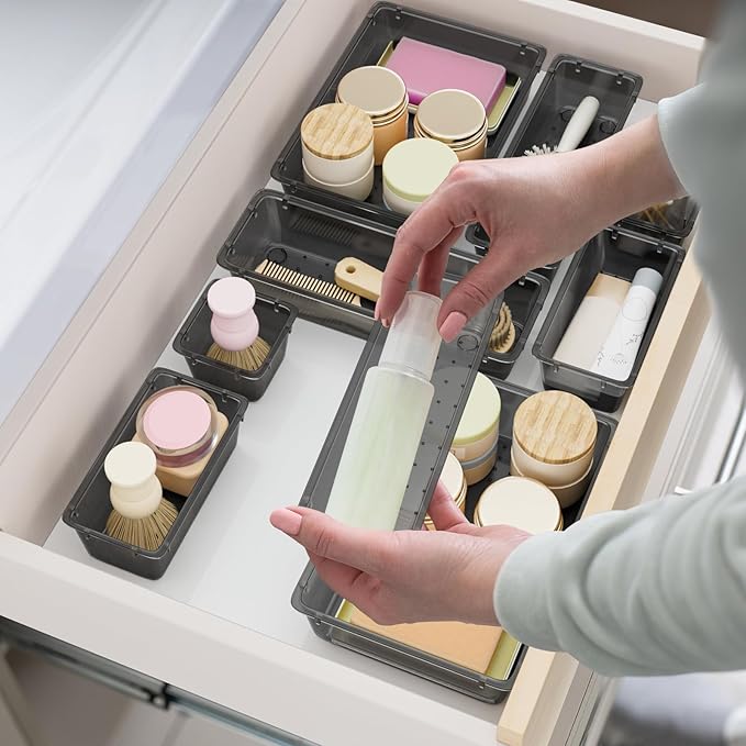 15 PCS Clear Plastic Drawer Organizer Set, 4-Size Acrylic Drawer Storage Trays, Storage Bins for Makeup, Gadgets, and Jewelry in Bathroom, Bedroom and Office, Clear Black-NeatNest