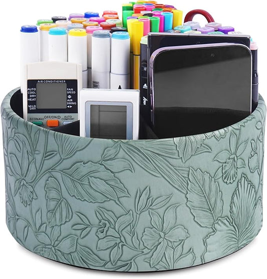 Hennaja Remote Control Holder, 360°Spinning PU Leather Desk TV Remote Caddy,Desk Storage Box Room Accessories for Controller, Media,Mail,Calculator, Mobile Phone,Pencil(1-Carved Green2)-NeatNest