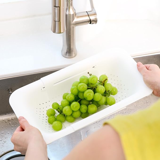 BLUE GINKGO Sink Colander Baskets - (Pack of 2) Wash Vegetables and Fruits, Drain Cooked Pasta and Dry Dishes - Extendable - New Home Kitchen Essentials (2 White)
