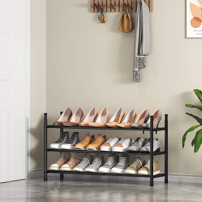 TZAMLI 3-Tier Shoe Rack for Closet, Expandable and Stackable Shoe Organizer Adjustable Metal Shoe Storage Small Shoe Shelf for Entryway Entrance, Black-NeatNest