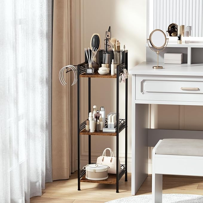 3-Tier Bathroom Shelf Organizer with Hair Dryer Holder and Toilet Paper Hook, 9.85" Slim Metal Stand for Small Spaces, Holds 50lbs - Freestanding Storage for Towels, Toiletries-NeatNest