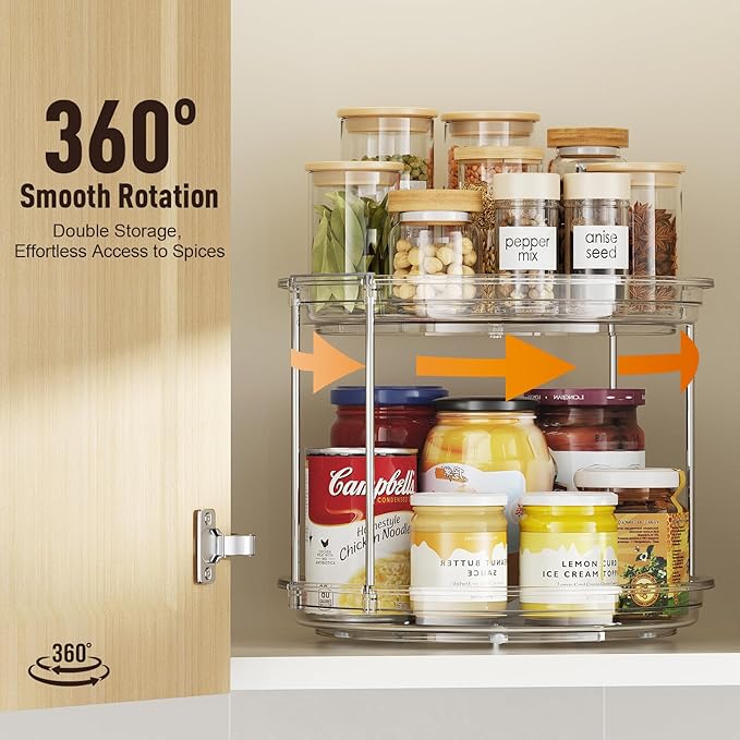 2 Tier Lazy Susan Organizer, 9.25'' Lazy Susan Turntable for Cabinet, Stackable Turntable Organizer Rotating Spice Rack Organization for Kitchen Countertop, Pantry, Bathroom, Clear-NeatNest