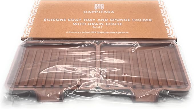 Happitasa Silicone Soap Dish Tray and Sponge Holder with Drain Chute, Pack of 2 | Bathroom and Kitchen Sink Organizer Caddy (Mocha, 5.2"x4", 7.2 Ounces)-NeatNest