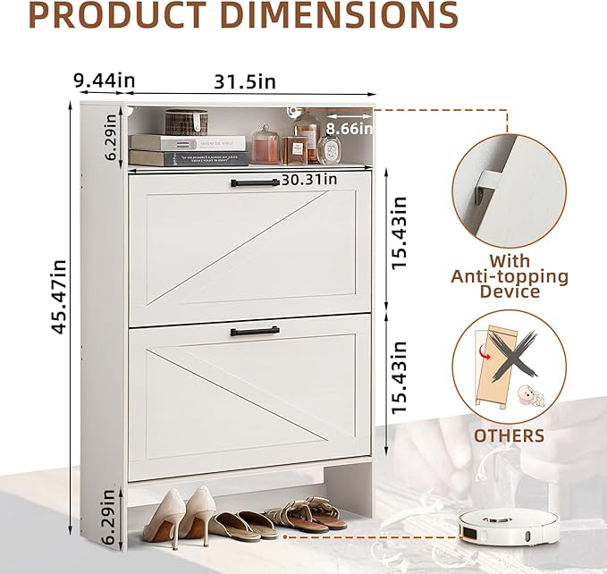 Shoe Storage Cabinet with 2 Flip Drawers,Farmhouse Narrow Shoe Organizer with Legs,Freestanding Hidden Slim Shoe Rack Cabinet with Open Storage for Entryway,Hallway, Foyer, White-NeatNest