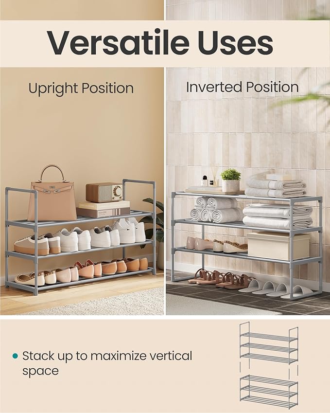 SONGMICS Shoe Rack, 3-Tier Shoe Organizer, Metal Storage Shelf, Upright or Upside Down, for 16-20 Pairs, Stackable, for Entryway, 11.8 x 36.2 x 21.7 Inches, Gray ULSA303G01-NeatNest