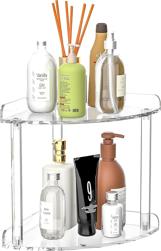 2 Tier Countertop Corner Organizer Shelf 7x7x8 Inch, Acrylic Bathroom Organizer Corner Shelf for Countertop, Clear Vanity Storage Organizer for Skincare, Cosmetics, Perfume-NeatNest