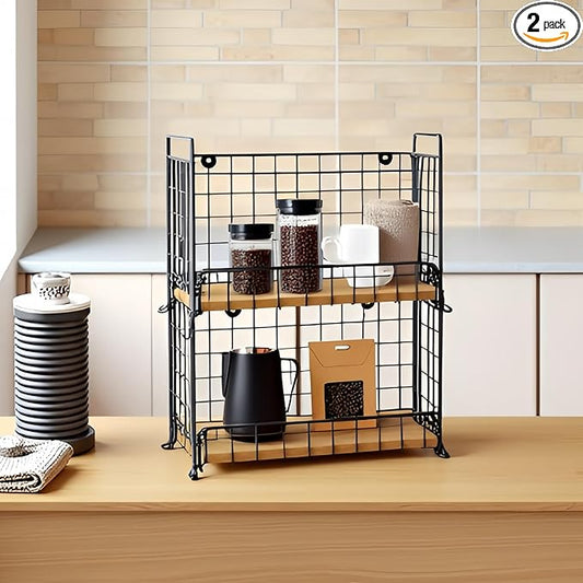 TIEYIPIN 2-Tier Stackable Metal Wire Hanging Baskets, Fruit Basket,Snack Station for Countertop, Coffee Bar Storage Organizer with Detachable Wooden Base, Rustic Farmhouse Counter Shelf - Black