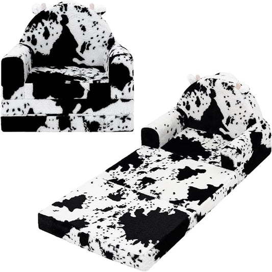 2-in-1 Toddler Chair and Couch – Soft Faux Rabbit Fur, Cow Pattern Design, Fold Out Seat for Reading & Nap, Ages 1–3-NeatNest