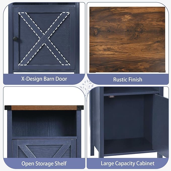 Catrimown Farmhouse Nightstand with Barn Door and Shelf, Side Table, Rustic End Table for Bedroom, Living Room, Navy Blue-NeatNest