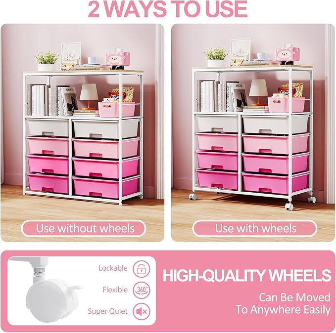 8 Drawers Rolling Storage Cart with Wooden Top, Multipurpose Utility Cart with Opening Shelf & Lockable Wheels, Storage Drawer Cart Organizer for Home Office Craft Room Classroom, Pink