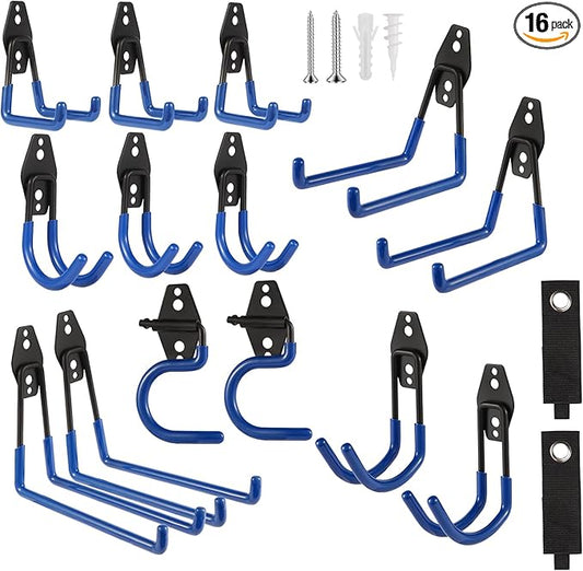 Garage Hook Heavy Duty Wall Storage Hangers, 16 Pack Garage Storage Hooks Steel Tool Organizer Blue for Ladders, Ropes, Garden Tools-NeatNest