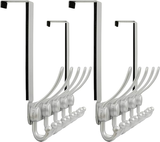 Dseap Over Door Hook 2.0 - Upgraded Version - Simple-Assembly, Strong, Heavy-Duty Stainless Steel 5-Tri-Hook Over The Door Hanger Rack, SimpleStrong Series, Silver, Pack of 2