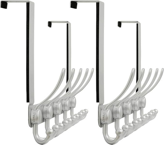 Dseap Over Door Hook 2.0 - Upgraded Version - Simple-Assembly, Strong, Heavy-Duty Stainless Steel 5-Tri-Hook Over The Door Hanger Rack, SimpleStrong Series, Silver, Pack of 2