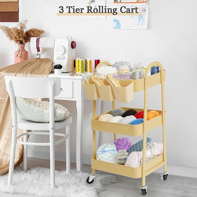 danpinera 3-Tier Rolling Cart, Metal Rolling Storage Cart with Lockable Wheels & Hanging Cups & Hooks, Mobile Trolley for Kitchen, Bathroom, Office, Workshop, Yellow-NeatNest