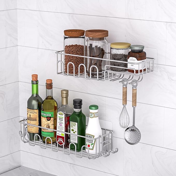Adhesive Shower Caddy: 2 Bonus Hooks, 4-Pack Wall Mounted Bathroom Storage Shelf, Rustproof Metal Basket Organizer for Kitchen & Bathroom No Drill Grey