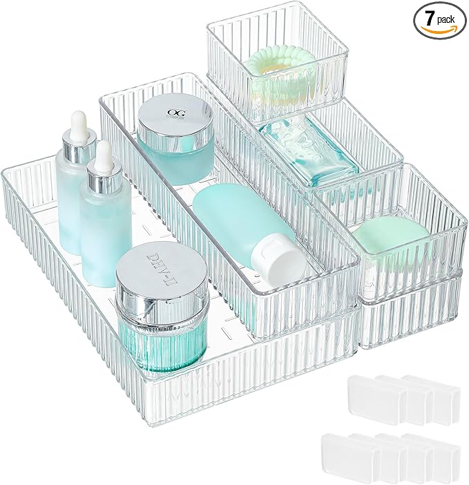 Clear Drawer Organizer Bins 7 pc Set, 4-Size Stackable Trays for Makeup Vanity Drawers, Bathroom Drawer Organizer Storage Containers for Cosmetic, Office Supplies-NeatNest