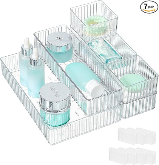 Clear Drawer Organizer Bins 7 pc Set, 4-Size Stackable Trays for Makeup Vanity Drawers, Bathroom Drawer Organizer Storage Containers for Cosmetic, Office Supplies-NeatNest