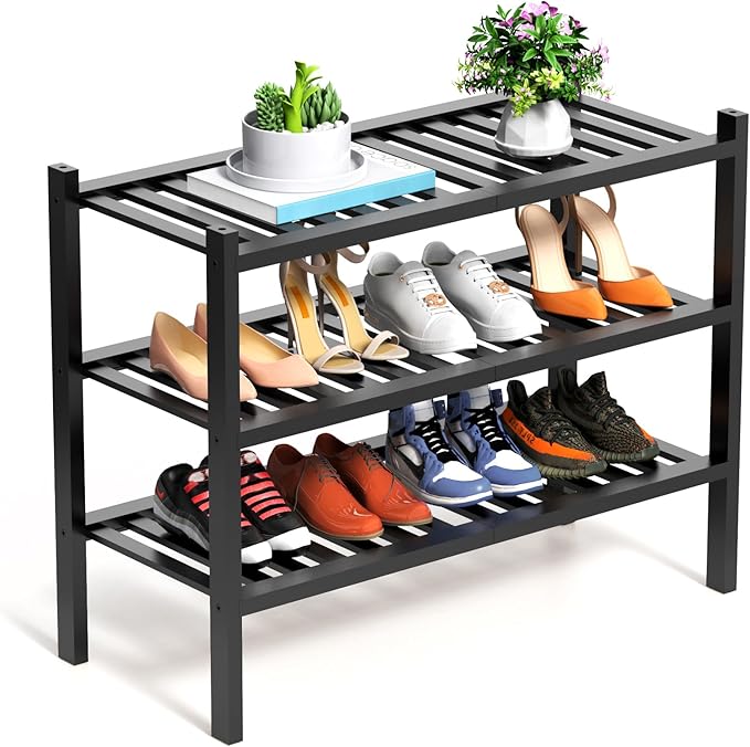 Shoe Rack, 3 Tier Bamboo Shoe Rack for Closet, Stackable Wooden Shoe Organizer, Free Standing Wood Shoe Shelf for Entryway Small Space, 27" x 11" x 21", Black-NeatNest