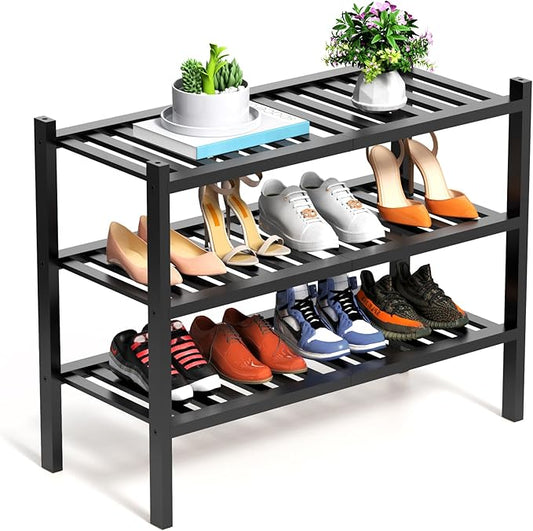 Shoe Rack, 3 Tier Bamboo Shoe Rack for Closet, Stackable Wooden Shoe Organizer, Free Standing Wood Shoe Shelf for Entryway Small Space, 27" x 11" x 21", Black-NeatNest
