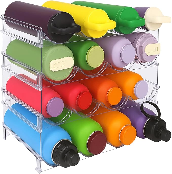 INKLET 4-Pack Clear Stackable Water Bottle Organizer Rack – 4 Tier Large Compartment Storage for Stanley, Cup Organizer Tumblers – Kitchen Cabinet & Pantry Organizer – Holds 16 Bottles-NeatNest