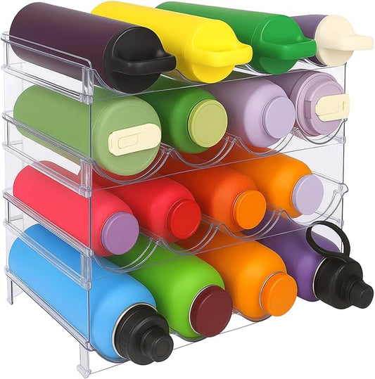 INKLET 4-Pack Clear Stackable Water Bottle Organizer Rack – 4 Tier Large Compartment Storage for Stanley, Cup Organizer Tumblers – Kitchen Cabinet & Pantry Organizer – Holds 16 Bottles-NeatNest