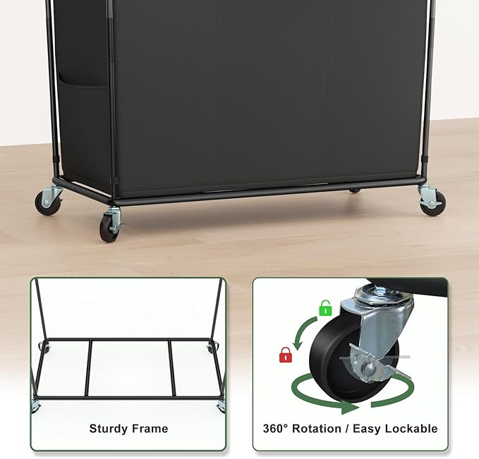 320L Laundry Hamper with Wheels, 3 Section Large Rolling Laundry Basket Bag with Wheels, Clothes Hamper Cart for Laundry, Bedroom, Bathroom and Dorm