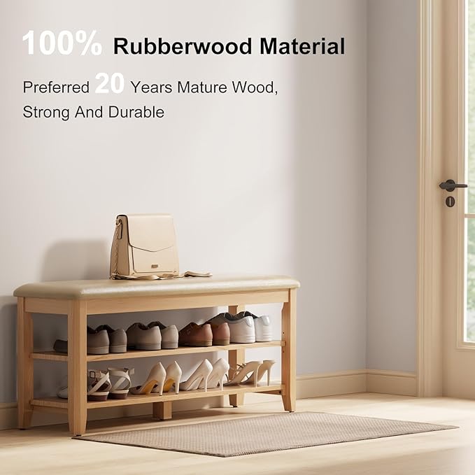 Wood Shoe Rack Bench for Entryway, Shoe Rack for Front Door Entrance with Leather Cushion, 2 Tier Shoe Bench with Shoe Storage for Entryway, Bedroom.-NeatNest