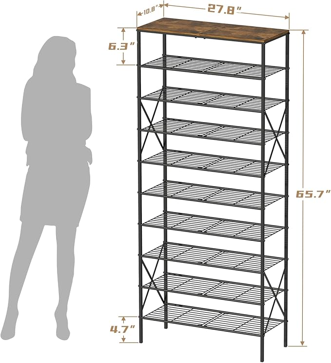 10-Tier Shoe Rack 40 Pairs, Space Saving Organizer for Entryway/Closet/Apartment, Industrial Metal Shelf with Rustic Brown Top-NeatNest