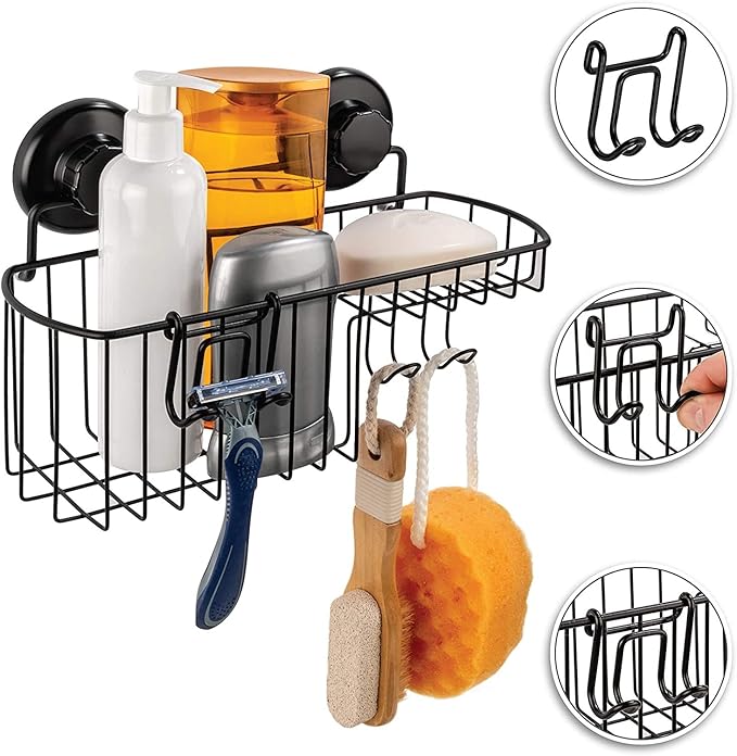 HASKO Shower Caddy Suction Cup, Shower Shelf with Soap Dish and Hooks Organizer, Suction Bathroom Shelf for Storage, Wall Mounted Basket, Black
