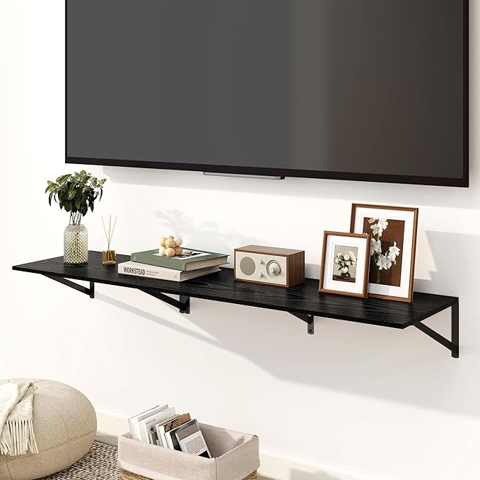 Fun Memories Floating Shelves for Wall, 12 Inch Deep Floating Shelves Set of 2, 36W x 12D Large Wall Shelf with Sturdy Metal Brackets for Living Room, Bathroom, Bedroom and Kitchen, Black-NeatNest