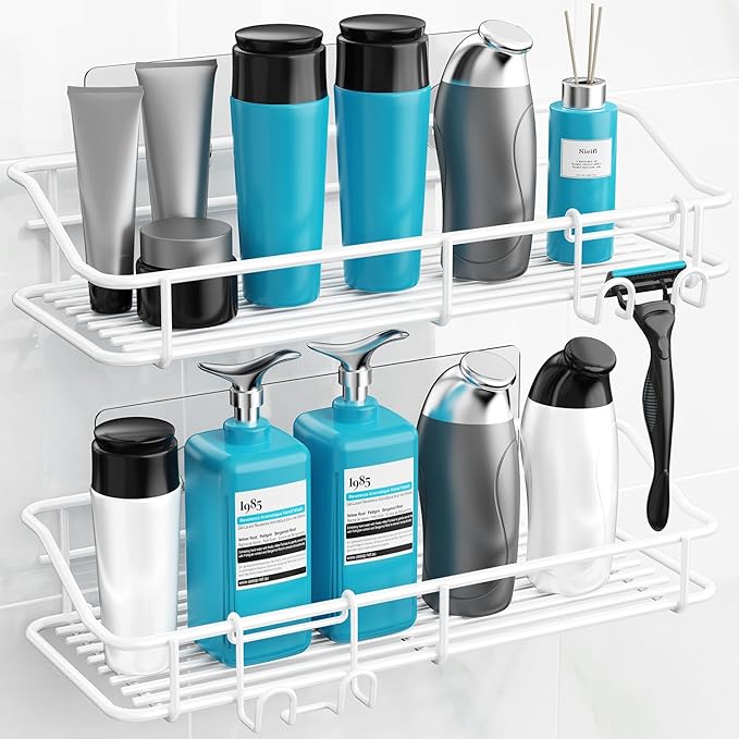 Nieifi Shower Caddy Shelf with Hooks Storage Rack Organizer Adhesive Stainless Steel Without Drilling for Bathroom, Lavatory, Washroom, Restroom, Shower, Toilet, Kitchen - 2 Pack (White)-NeatNest