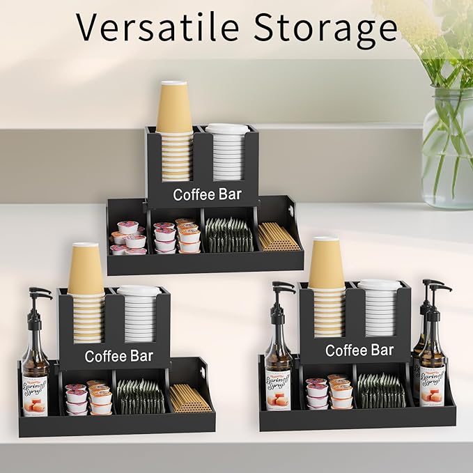 Coffee Station Organizer, Wooden Coffee Bar Organizer for Countertop, Condiment and Cup Storage Organizer, Bar Accessories for Kitchen, Office, Home, Black-NeatNest