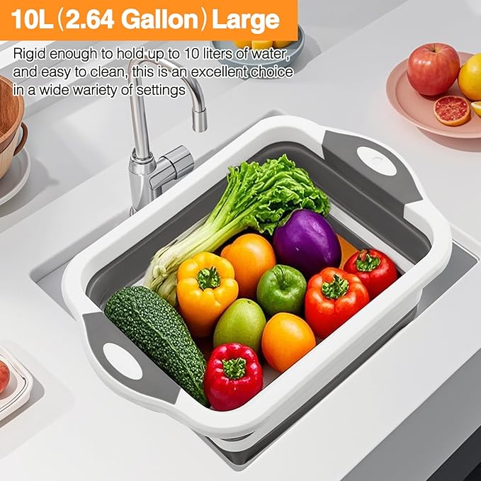 Collapsible BBQ Prep Tub/Cutting Board 10L, Foldable Dish Tub with Colander, Portable Camping Sink, Multifunction Dishing Basin Bucket Wash Tub for Kitchen Fruit Vegetable Picnic (Gray)-NeatNest