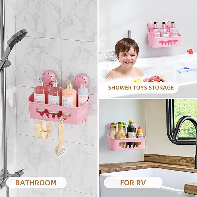 LEVERLOC Shower Caddy Suction Cup, Shower Organizer Removable Bathroom Shelf, Storage Suction Powerful Max Hold 22lbs Bathroom Caddy Waterproof Holder, Pink-NeatNest