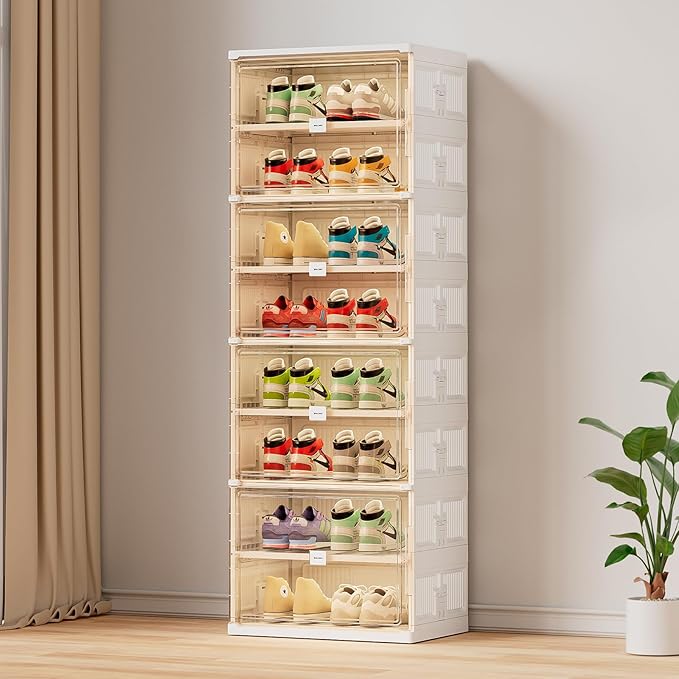 JEKO&JEKO 8 Tiers Foldable Shoe Rack Organizer Cabinet for Closet Entryway, Large Collapsible Shoe Storage Box with Magnetic Doors (White)-NeatNest