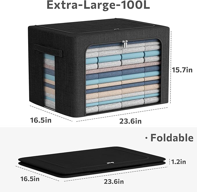 3Pack Foldable Storage Bins - Frame Storage Box Linen Fabric Stackable Clothes Container Organizer with Clear Window & Carry Handles Large Capacity (Extra Large-100L, Black)-NeatNest