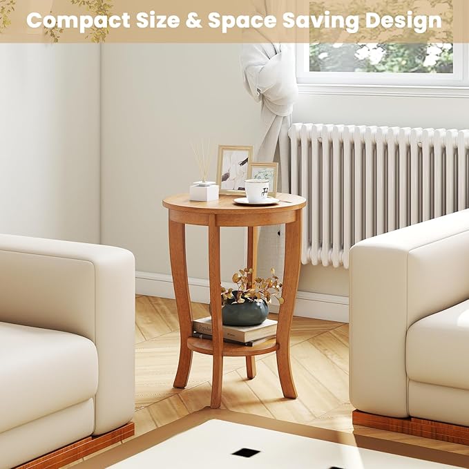 GOFLAME 2-Tier Round End Table Set of 2, 18” Sofa Side Table with Storage Shelf, Floor Tea Tables with Solid Wood Legs, Compact Nightstand for Small Space, Living Room, Bedroom, Light Brown