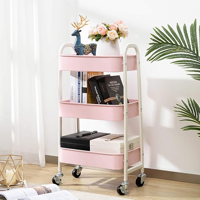 AGTEK Makeup Cart, Movable Rolling Organizer Cart, 3 Tier Metal Utility Cart, White - Pink-NeatNest