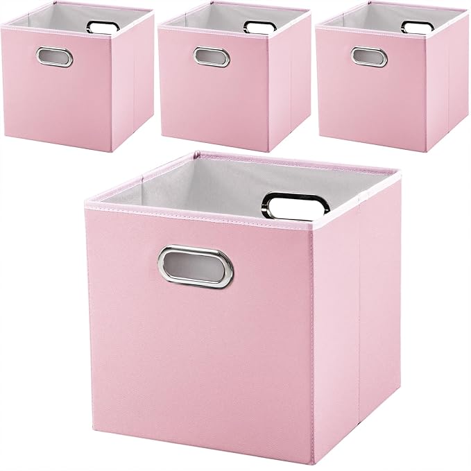 PRANDOM Leather Foldable Cube Storage Bins 11x11 inch [4-Pack] Fabric Storage Baskets Cubes Drawer with Cotton Handles Organizer for Shelves Nursery Closet Bedroom Clothes Pink-NeatNest
