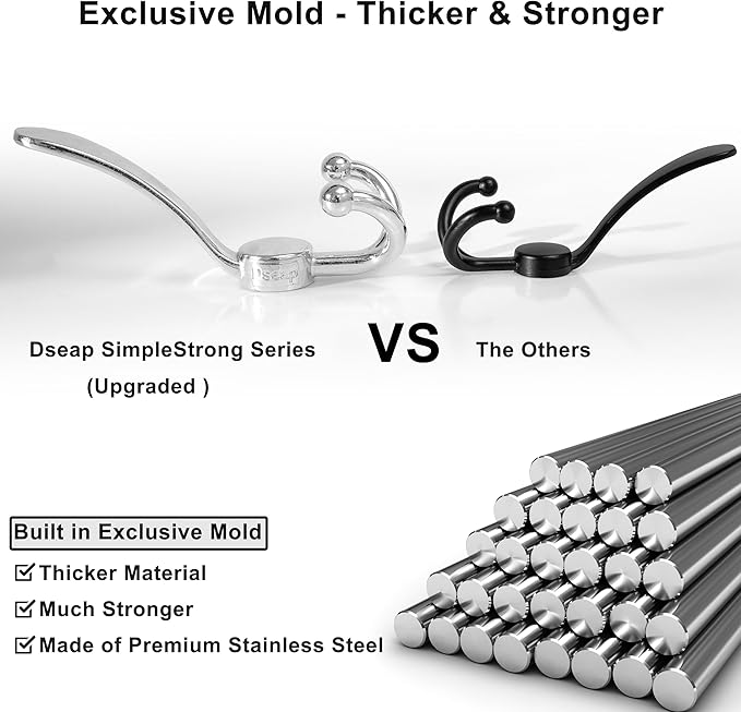 Dseap Over Door Hook 2.0 - Upgraded Version - Simple-Assembly, Strong, Heavy-Duty Stainless Steel 5-Tri-Hook Over The Door Hanger Rack, SimpleStrong Series, Chromed, Pack of 2