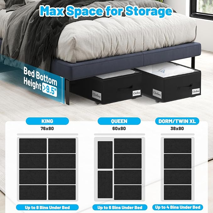 2 Pack Under Bed Storage with Wheels 10" Height, Rolling Storage Bins XXL 60L, Underbed Shoe Storage Containers with Label & Clear Lid, Dorm Under bed Drawers for Clothes, Shoes, Quick Assembly, Black-NeatNest