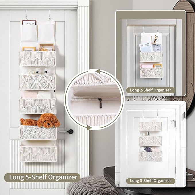 ANTIS'S HOME Over the Door Organizer Macrame Boho Nursery Storage with 5 Large Woven Pockets, Hanging Closet Basket for Bathroom or Nursery, Behind the Door Storage Organizer-NeatNest